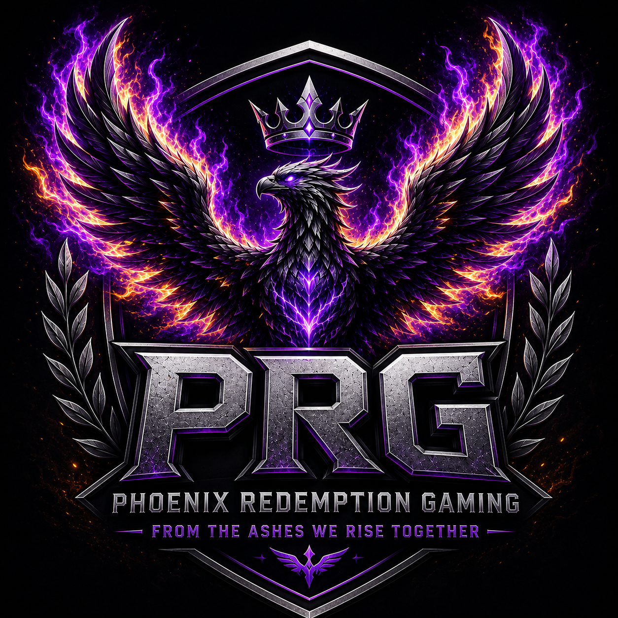Phoenix Redemption Gaming crest with a crowned phoenix, PRG lettering, and the motto From the Ashes We Rise Together